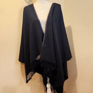 Ann Taylor Black Fringe Faux Leather Trim Open Poncho One Size